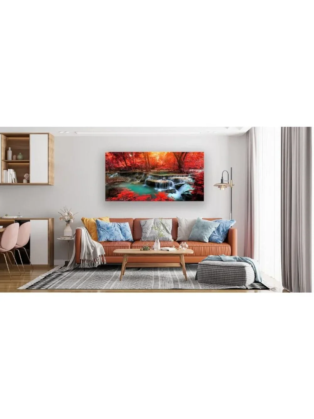Stunning Red Forest Waterfall Canvas Art - Modern Landscape Wall Decor for Home
